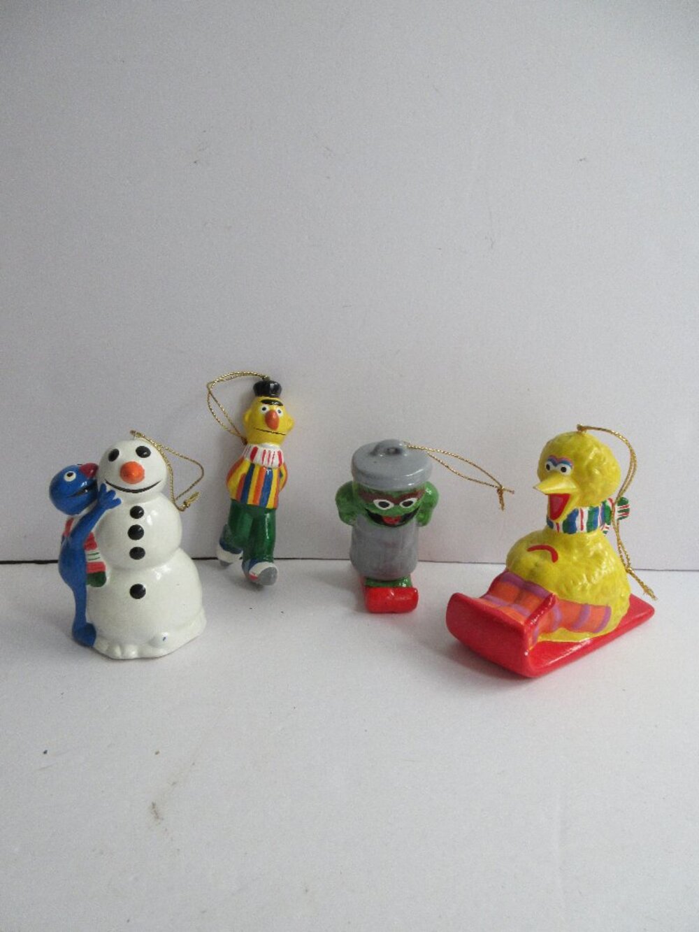 4 Muppets Inc Ceramic Christmas Ornaments Big Bird, Oscar, Grover, & Bert Vtg